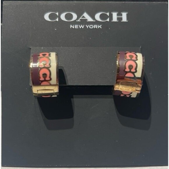 Coach Signature C Huggie Earrings - Pink, Burgundy New - Picture 1 of 5